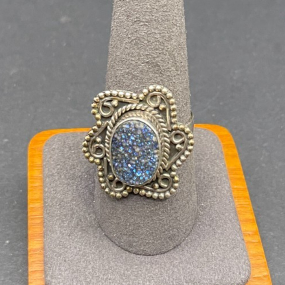 925 Sterling Silver Oval Druzy Quartz Flower Filigree Beaded Ring Size 9.5